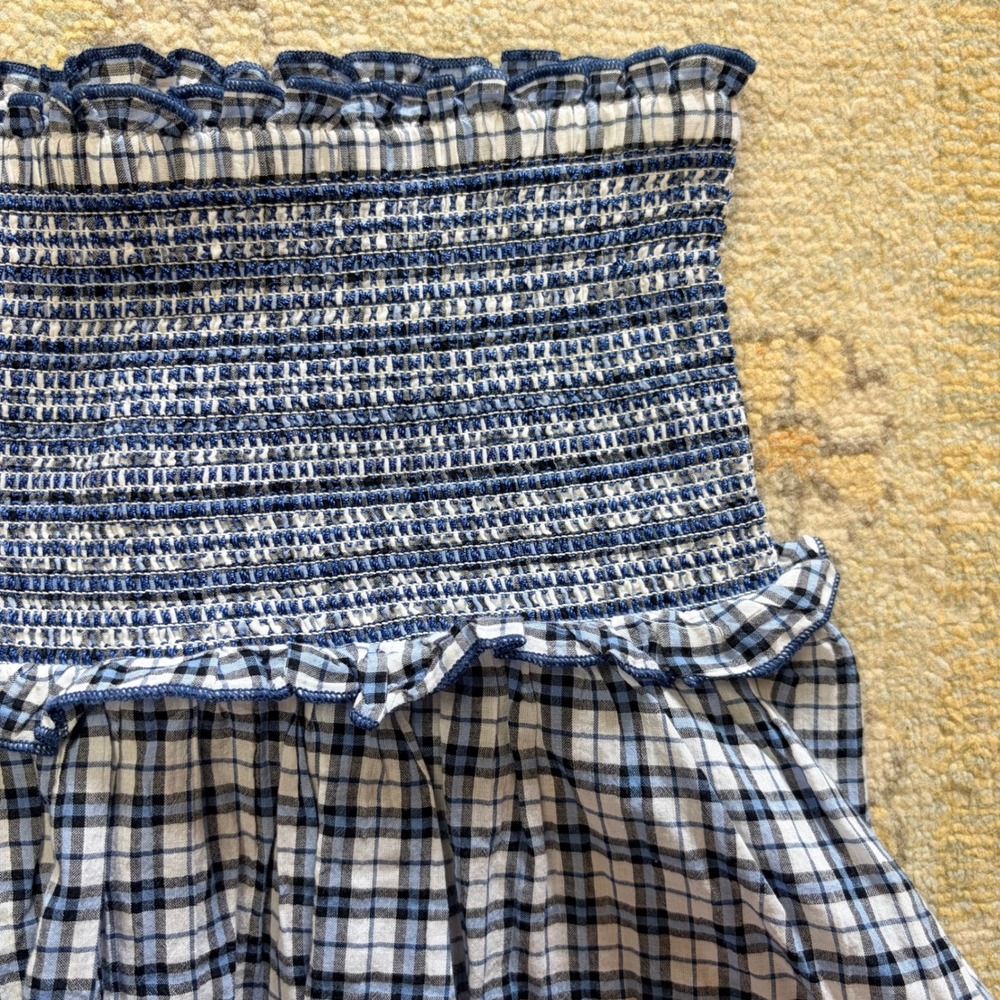 Maeve Anthropologie Plaid Smocked Mini Skirt Blue White Ruffle Tiered XS NEW - Picture 10 of 10